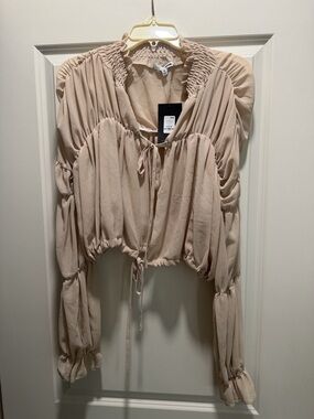 Fashion Nova Beige Ruched Long-Sleeve Blouse